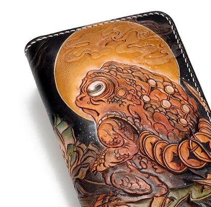 Handmade Leather Mens Clutch Wallet Cool Gold Toad Triped Crow Tooled Wallet Long Zipper Wallets for Men