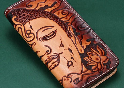 Handmade Leather Mens Clutch Wallet Cool Buddha&Demon Tooled Wallet Long Zipper Wallets for Men