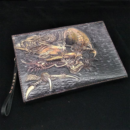 Black Handmade Tooled Leather Double Carps Clutch Wallet Wristlet Bag Clutch Purse For Men