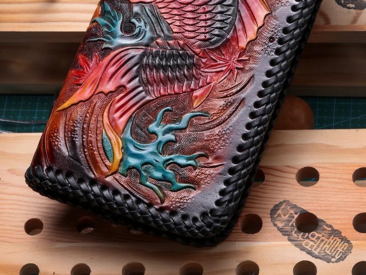 Handmade Leather Mens Clutch Wallet Cool Carp Tooled Wallet Long Zipper Wallets for Men