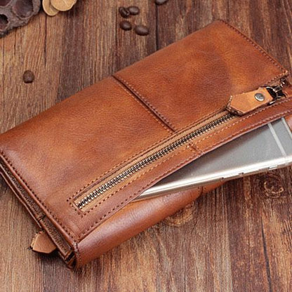 Handmade Leather Mens Cool Long Leather Wallet Bifold Clutch Wallet for Men