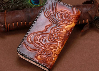 Handmade Leather Mens Clutch Wallet Cool Buddha&Demon Tooled Wallet Long Zipper Wallets for Men