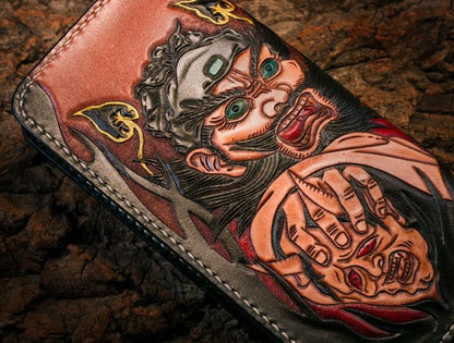 Handmade Leather Mens Clutch Wallet Tooled Cool Zhong Kui Wallet Long Zipper Wallets for Men