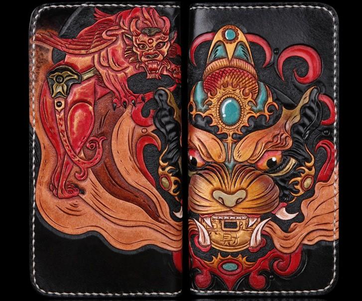 Handmade Leather Mens Clutch Wallet Tooled Cool Monster Wallet Long Zipper Wallets for Men