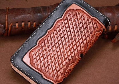 Handmade Leather Mens Clutch Wallet Cool Kylin Tooled Wallet Long Zipper Wallets for Men