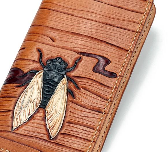 Handmade Leather Mens Clutch Wallet Cool Cicada Tooled Wallet Long Zipper Wallets for Men