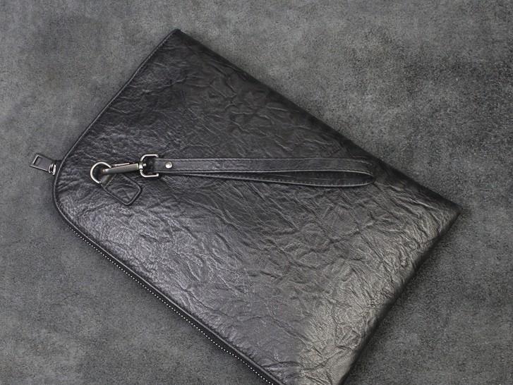 Handmade Leather Black Mens Clutch Cool Slim Wallet Zipper Clutch Wristlet Wallet for Men