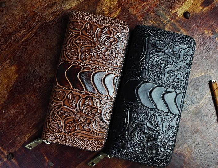 Handmade Leather Floral Mens Cool Zipper Phone Travel Long Wallet Card Holder Card Slim Clutch Wallets for Men