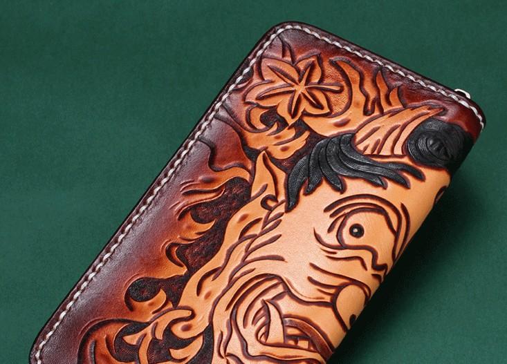 Handmade Leather Mens Clutch Wallet Cool Buddha&Demon Tooled Wallet Long Zipper Wallets for Men