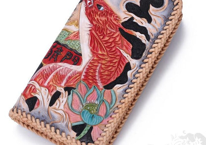 Handmade Leather Mens Clutch Wallet Cool Carp Tooled Wallet Long Zipper Wallets for Men