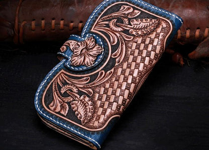 Handmade Leather Tooled Floral Mens Clutch Wallet Cool Wallet Long Wallets for Men Women