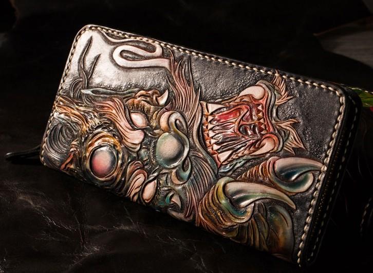 Handmade Leather Mens Clutch Wallet Cool Chinese Dragon Tooled Wallet Long Zipper Wallets for Men