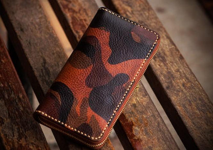 Handmade Leather Men Camouflage Cool Leather Wallet Long Phone Clutch Wallets for Men