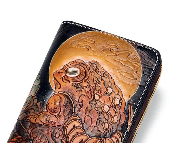 Handmade Leather Mens Clutch Wallet Cool Gold Toad Triped Crow Tooled Wallet Long Zipper Wallets for Men