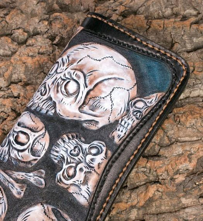 Handmade Leather Men Tooled Skull Halley Cool Leather Wallet Long Phone Wallets for Men