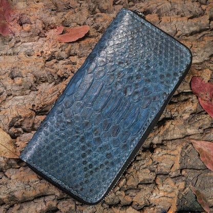 Handmade Leather Mens Clutch Wallet Cool Boa Skin Wallet Long Zipper Wallets for Men