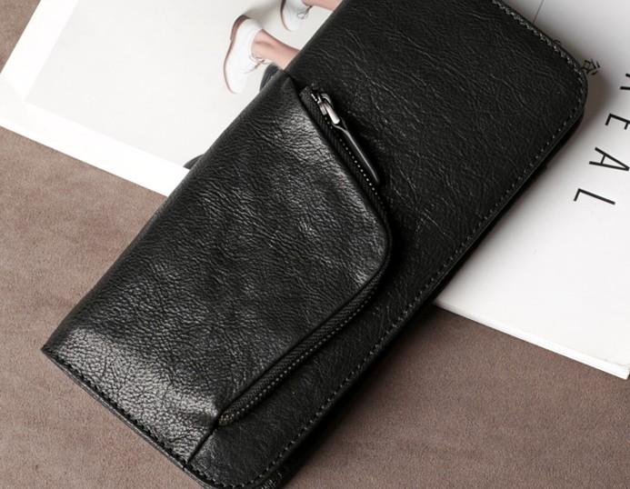 Genuine Leather Mens Cool Long Leather Wallet Cards Phone Zipper Clutch Wristlet Wallet for Men