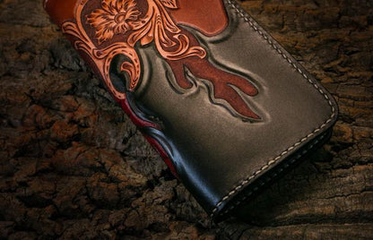 Handmade Leather Mens Clutch Wallet Tooled Cool Zhong Kui Wallet Long Zipper Wallets for Men