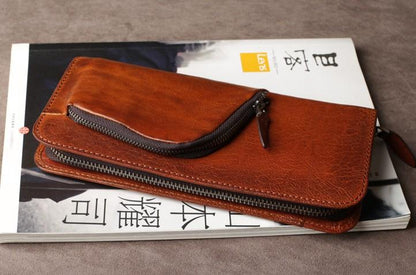 Genuine Leather Mens Cool Long Leather Wallet Cards Phone Zipper Clutch Wristlet Wallet for Men