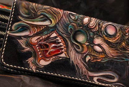 Handmade Leather Mens Clutch Wallet Cool Chinese Dragon Tooled Wallet Long Zipper Wallets for Men