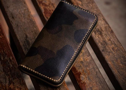 Handmade Leather Men Camouflage Cool Leather Wallet Long Phone Clutch Wallets for Men