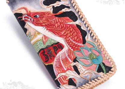 Handmade Leather Mens Clutch Wallet Cool Carp Tooled Wallet Long Zipper Wallets for Men