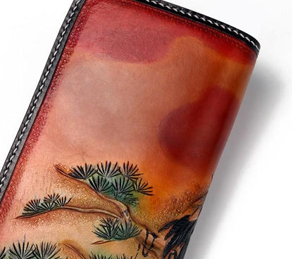 Handmade Leather Mens Clutch Wallet Cool Red-Crowned Crane Tooled Wallet Long Zipper Wallets for Men