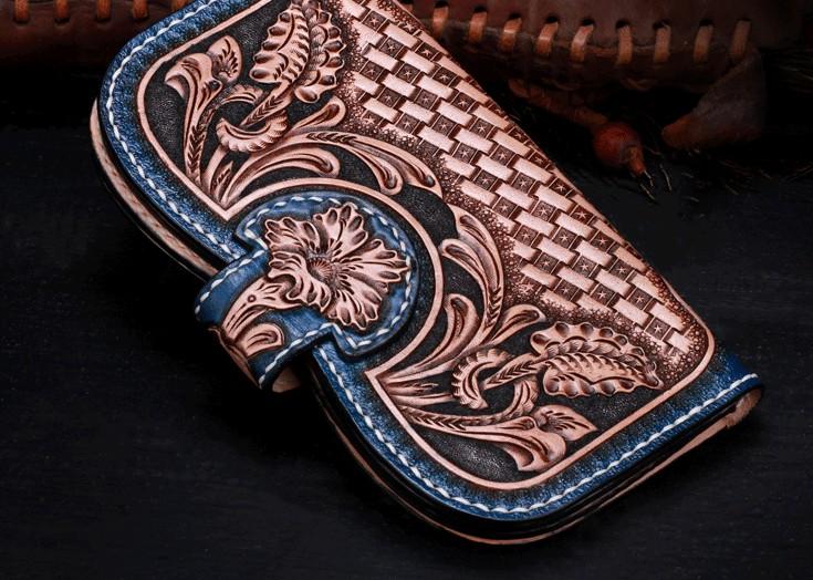 Handmade Leather Tooled Floral Mens Clutch Wallet Cool Wallet Long Wallets for Men Women