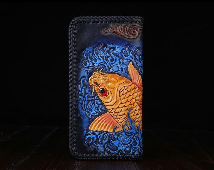 Handmade Leather Mens Clutch Wallet Tooled Cool Carp Wallet Long Zipper Wallets for Men