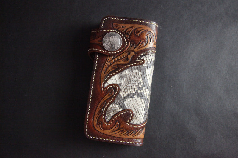 Tooled Handmade Leather Mens Long Biker Wallets Chain Wallet Biker Chain Wallets For Men