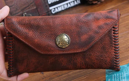 Genuine Leather Mens Cool Biker Chain Wallet Long Leather Wallet Slim Clutch Wristlet Wallet for Men