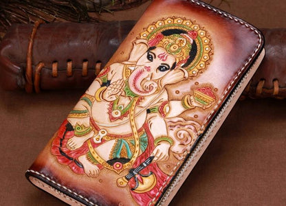 Handmade Leather Mens Clutch Wallet Cool Ganesha Tooled Wallet Long Zipper Wallets for Men