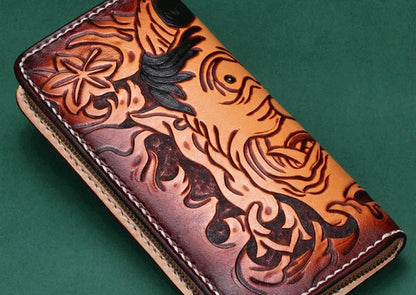 Handmade Leather Mens Clutch Wallet Cool Buddha&Demon Tooled Wallet Long Zipper Wallets for Men