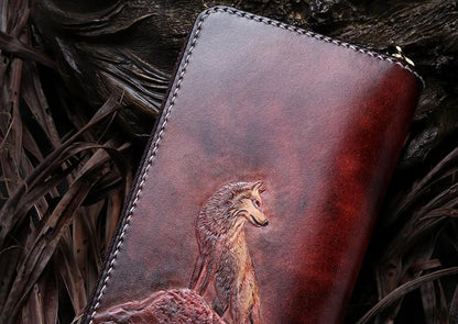 Handmade Leather Mens Clutch Wallet Cool Wolf Tooled Wallet Long Zipper Wallets for Men