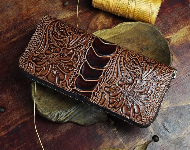 Handmade Leather Floral Mens Cool Zipper Phone Travel Long Wallet Card Holder Card Slim Clutch Wallets for Men