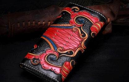 Handmade Leather Mens Womens Tooled Phoenix Clutch Wallet Cool Wallet Long Wallets for Men Women