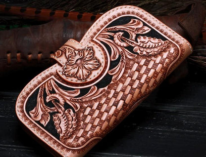 Handmade Leather Tooled Floral Mens Clutch Wallet Cool Wallet Long Wallets for Men Women