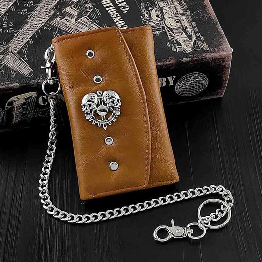 Mens Trifold Biker Wallet Badass Leather Chain Biker Wallet with Chain for Men