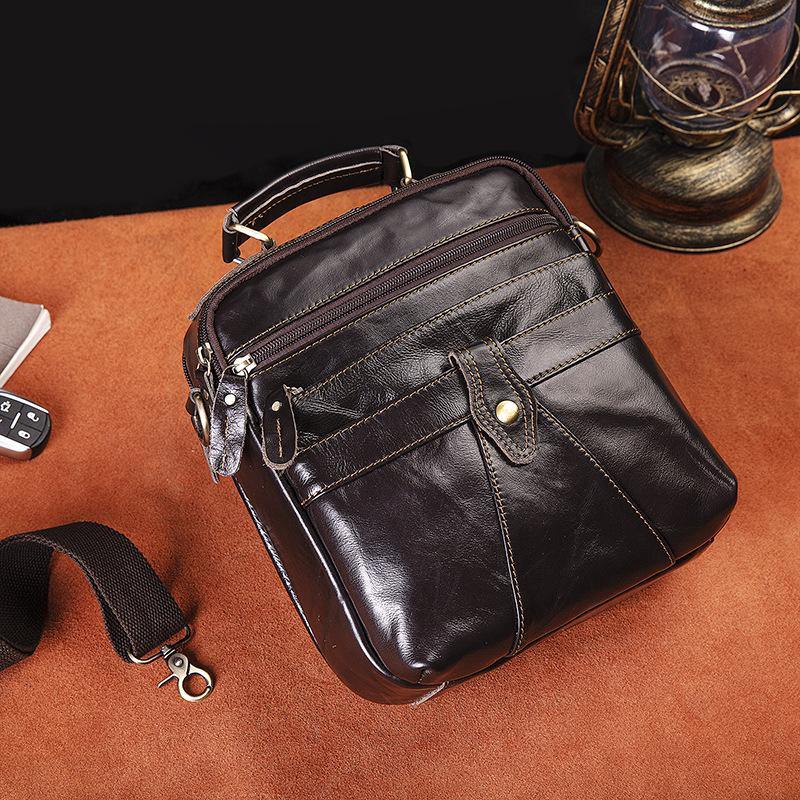 Coffee LEATHER MEN'S Small Vertical Side Bag Messenger Bag Coffee Briefcase Handbag FOR MEN