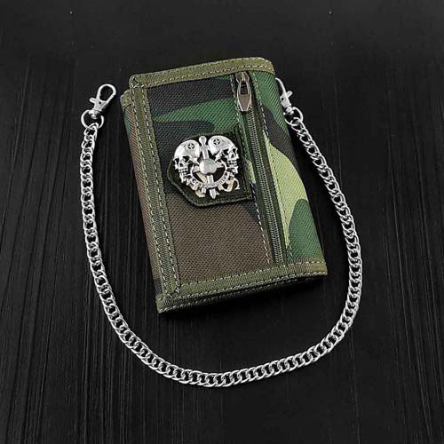 Camouflage Canvas Mens Trifold Biker Wallet Small Chain Wallet With Chain for Men