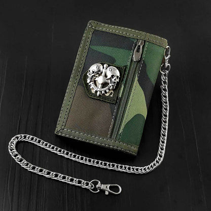 Camouflage Canvas Mens Trifold Biker Wallet Small Chain Wallet With Chain for Men