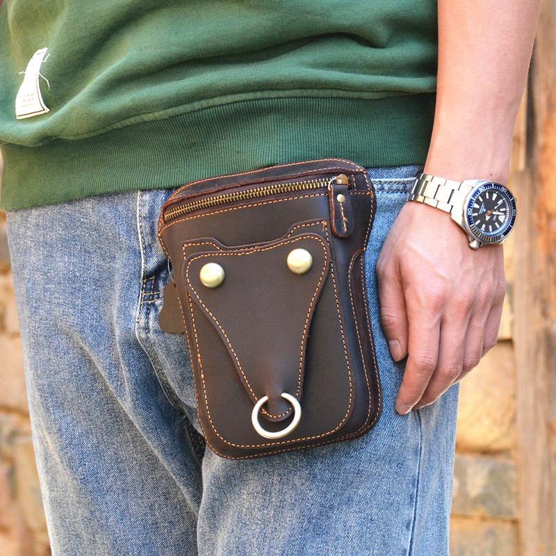 Black LEATHER MENS Belt Pouch Ox Mini Messenger Bag Belt Holster Waist Bag For Men