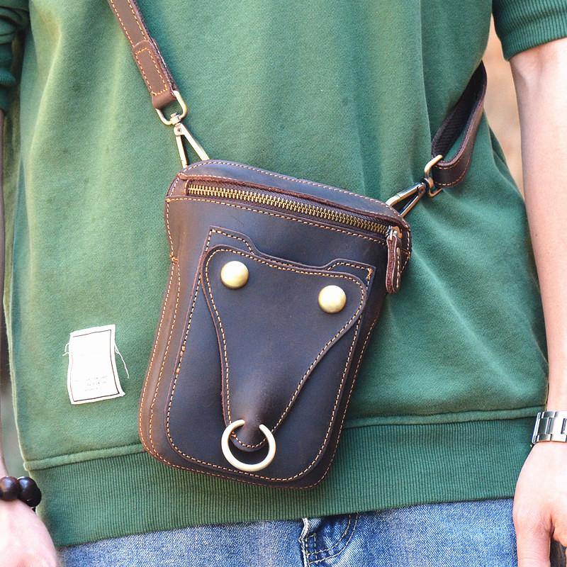 Black LEATHER MENS Belt Pouch Ox Mini Messenger Bag Belt Holster Waist Bag For Men