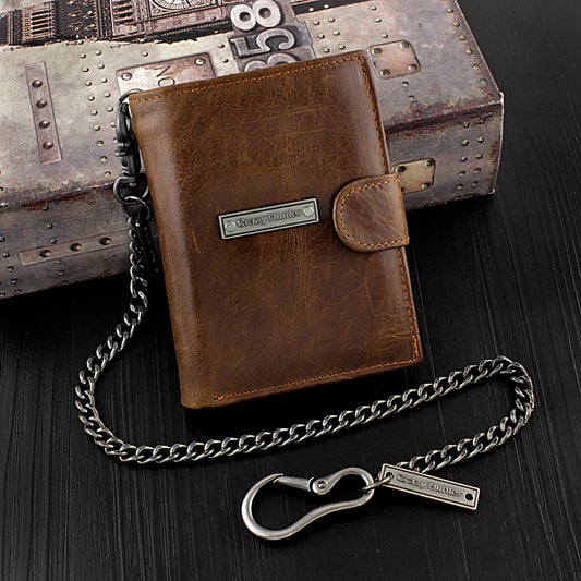 Small Biker Wallet Leather Chain Wallets Brown Trifold Biker Wallet with chain For Men