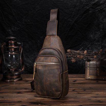 Vintage Brown Leather Men's Sling Bag 8-inches Chest Bag Vintage One shoulder Backpack For Men