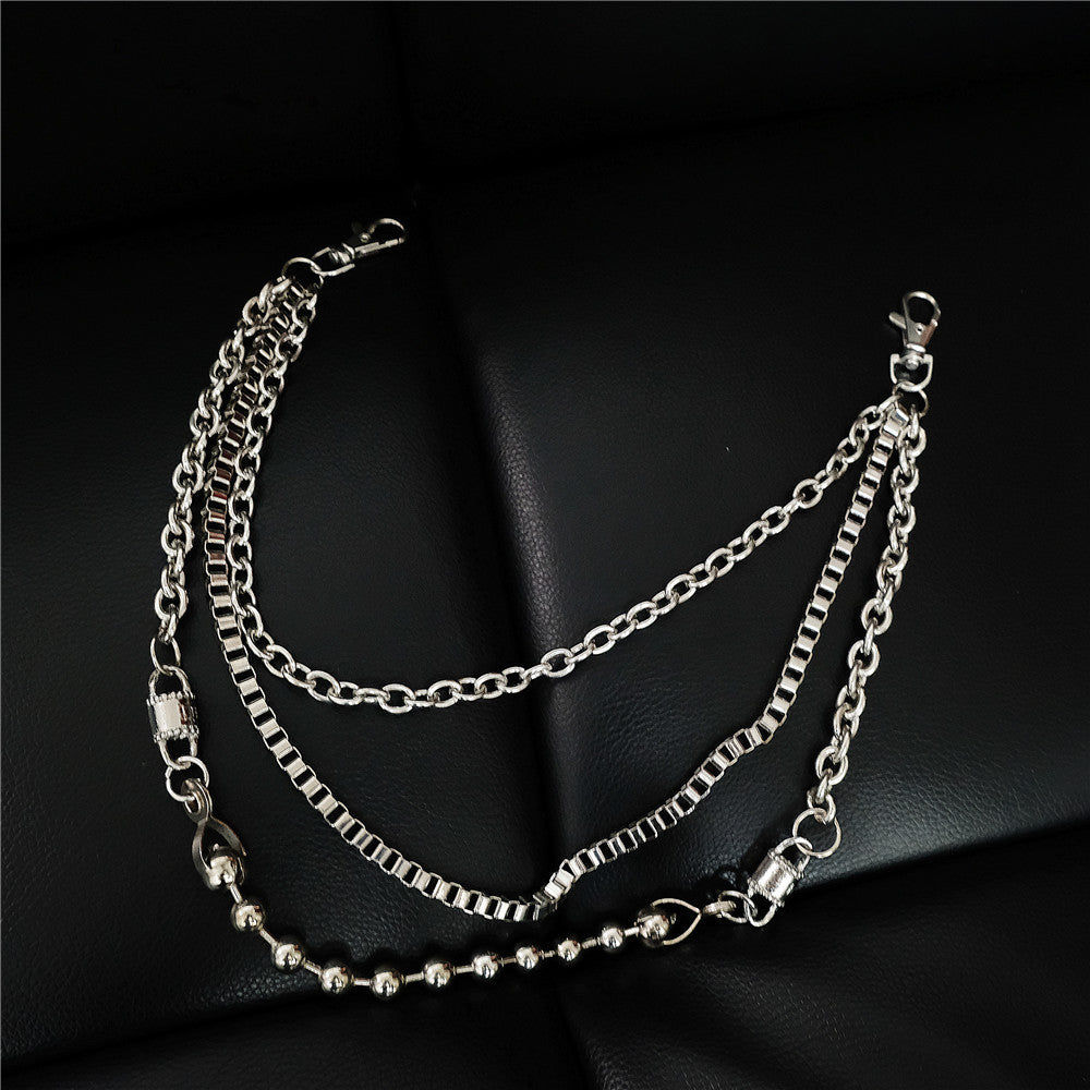 Punk Men's Metal Beaded Triple Long Wallet Chain Pants Chain Trendy Biker Wallet Chain For Men