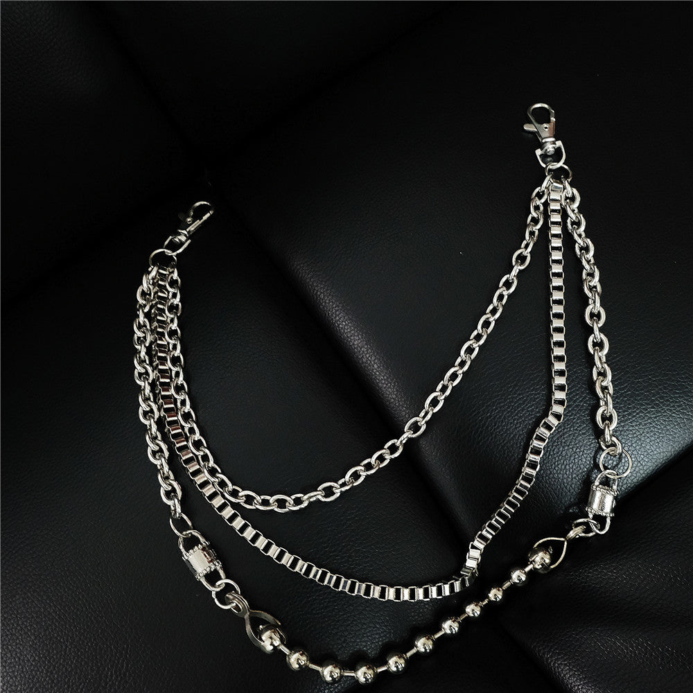 Punk Men's Metal Beaded Triple Long Wallet Chain Pants Chain Trendy Biker Wallet Chain For Men