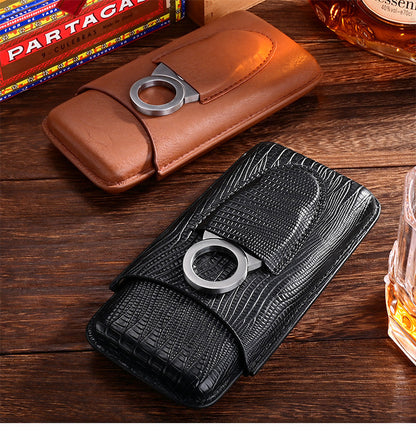 Best Leather Mens 3pcs Cigar Case With Cutter Top Leather Cigar Case for Men