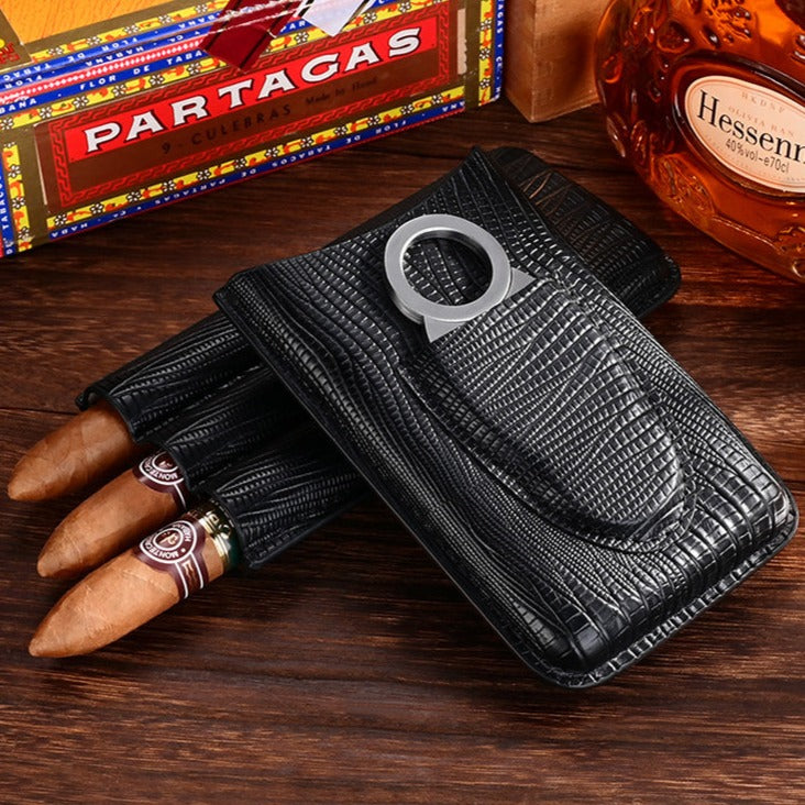 Best Leather Mens 3pcs Cigar Case With Cutter Top Leather Cigar Case for Men