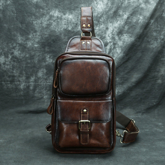 Best Coffee LEATHER MENS Sling Bag Top Chest Bag Vintage One Shoulder Backpack For Men